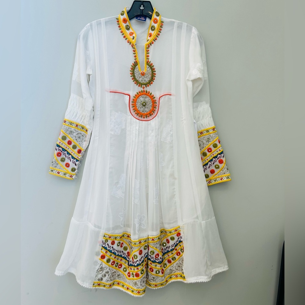 Boho Dress, S/XS, Lng Sleeve, White w/Orange & Yellow, Bollywood